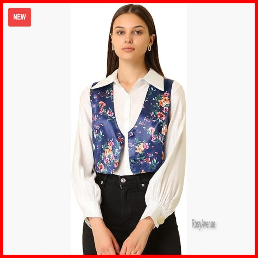 Large Satin Vest Floral Pattern Button Closure Cropped Waistcoat